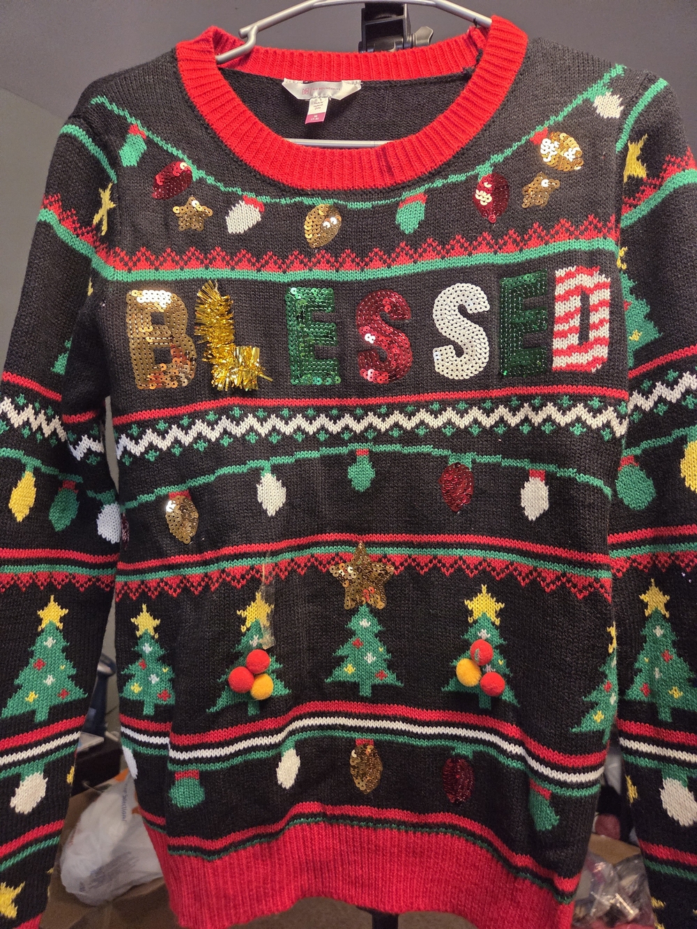 No Boundaries Black Christmas Sweater with Red, Green, Gold and White Accents